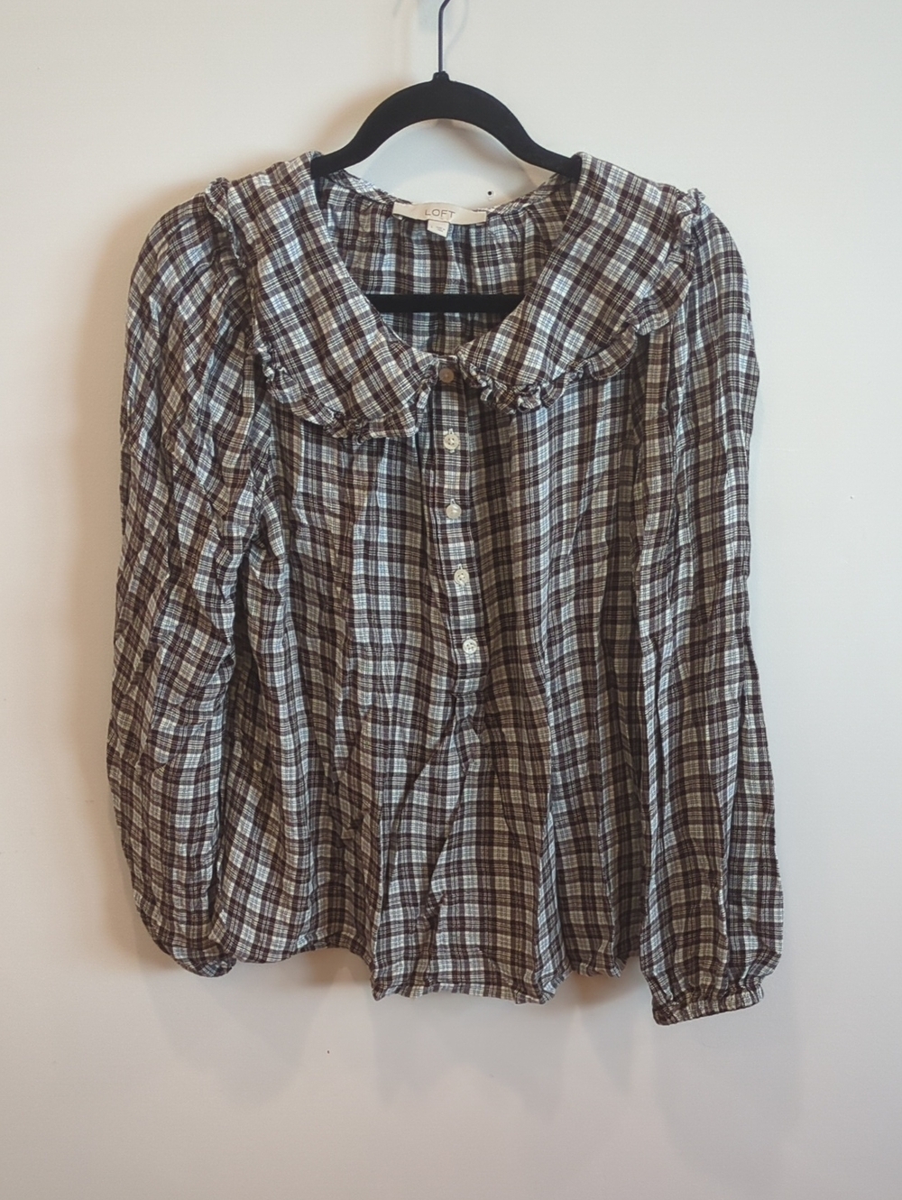 Cottage Boho Preppy Plaid LOFT Brown Navy Cream Ruffle Collar Blouse Large